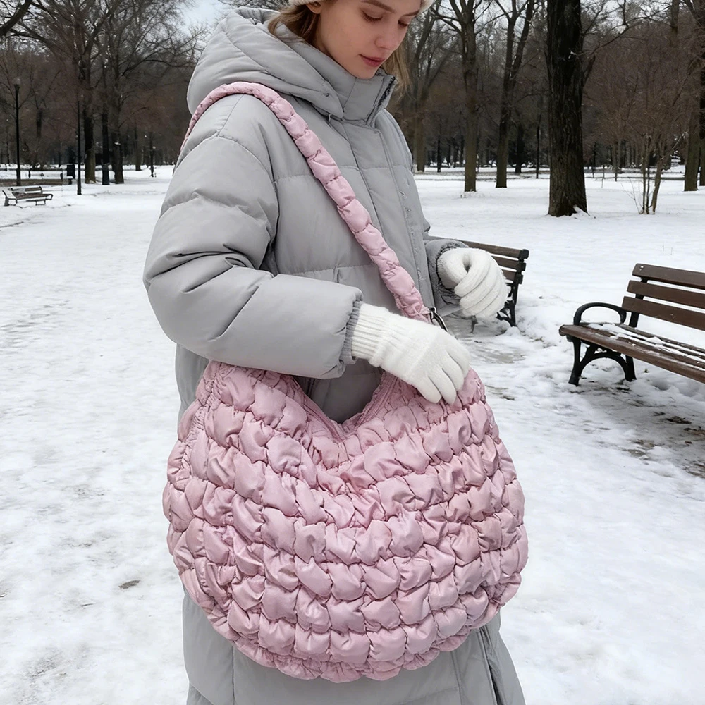 موضة البلايد الأفاق حمل المرأة حقيبة النايلون مبطن حقيبة كتف سعة كبيرة مبطن حقيبة كروسبودي Ruched سحابة المتسوق المحافظ #3