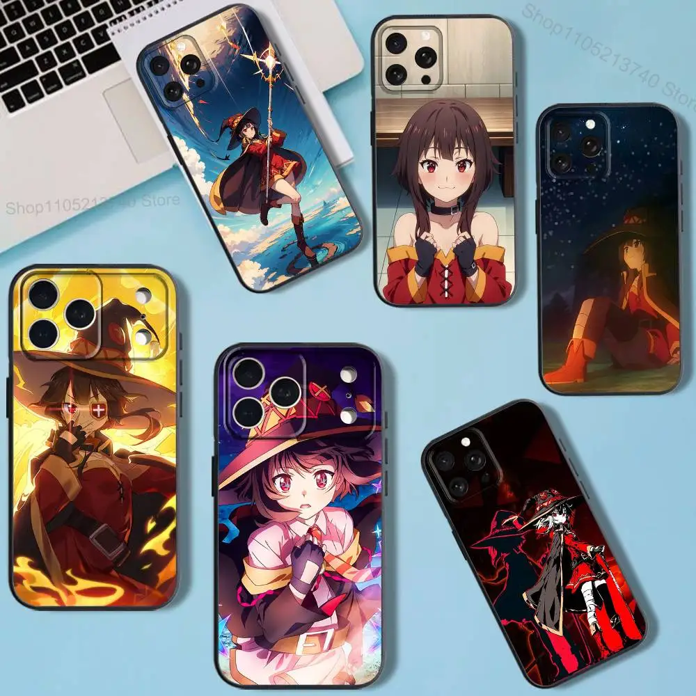 

KonoSuba MagicianS MeguminS allover print Phone Case For iPhone 11,12,15,16,17,13,14,Pro,Max,Plus,E,Mini,Air,SE4 Black Soft