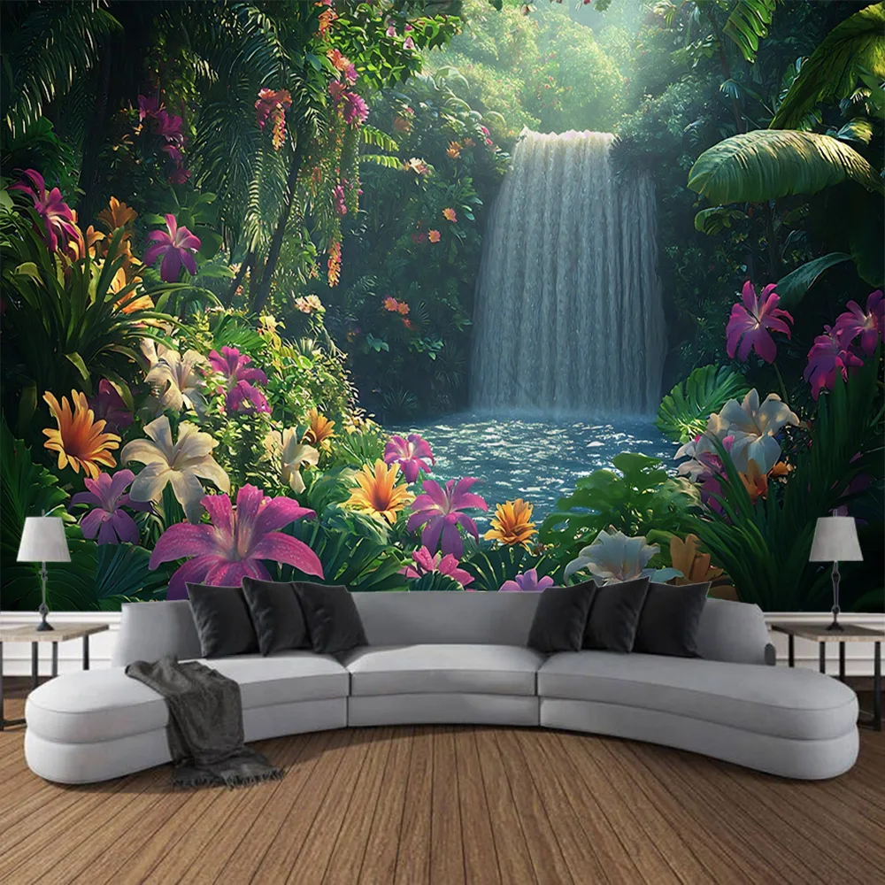 

Tapestry wall hanging, home decoration, jungle waterfall, flower forest, room wall background, living room, bedroom decoration