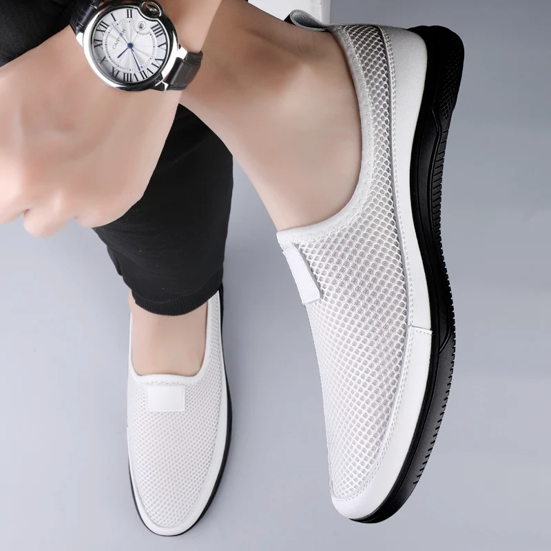 Summer Breathable Mesh Men Casual Shoes with Soft Sole Anti Slip Hollow Out Lightweight Middle-aged Commuting Walking Shoes