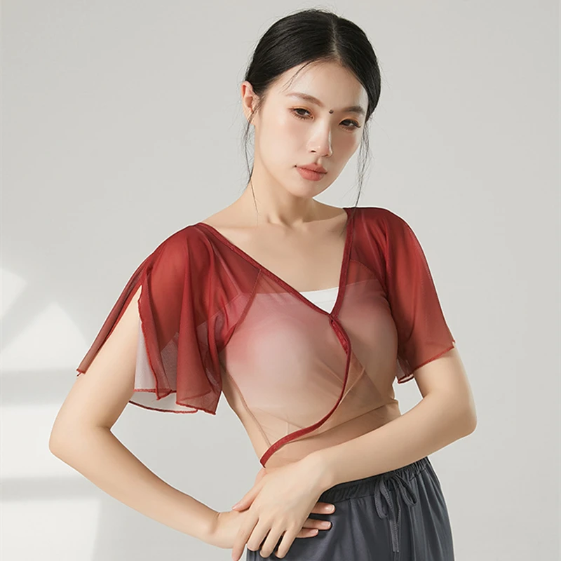 Classical Dance Top Women Flared Short Sleeve Guaze Mesh Shirt Gradient Color V-Collar Performance Practice Clothes Saree Blouse