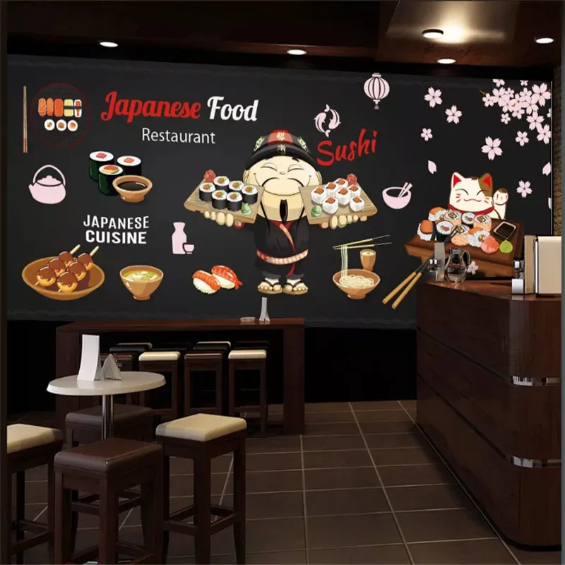 

Japanese Cuisine Black Background Mural Wallpaper 3D Japanese Food Sushi Restaurant Industrial Decor Wall Painting Wall Paper 3D