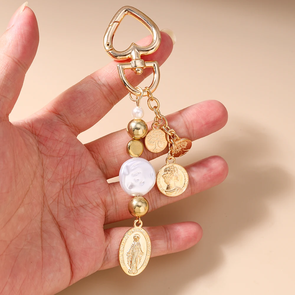 

New Alloy Religious Jesus Keychain Handmade Beaded Key Ring Pendants for Women Girls Handbag Decor DIY Key Chain Jewelry Gift