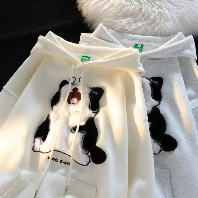 Autumn Winter New Cartoon Flocking Sleeping Cat Hooded Sweatshirt For Men And Women Street Cute Loose Couple Thicken Hoodies