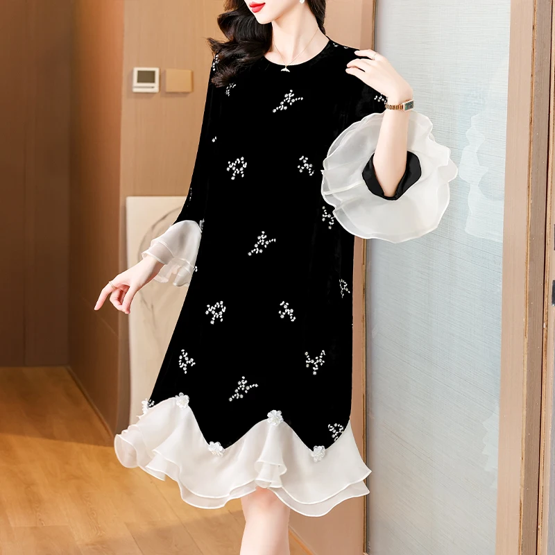 2024 Autumn New Black Silk Flower Embroidered O-neck Trumpet Velvet Dress Loose Large Mesh Splicing Spódnica do kolan