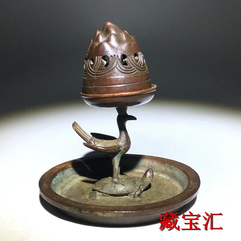 Vintage Folk Relic Vermilion Bird on Xuanwu Turtle Crane Longevity Small Backflow Incense Burner Candle Holder