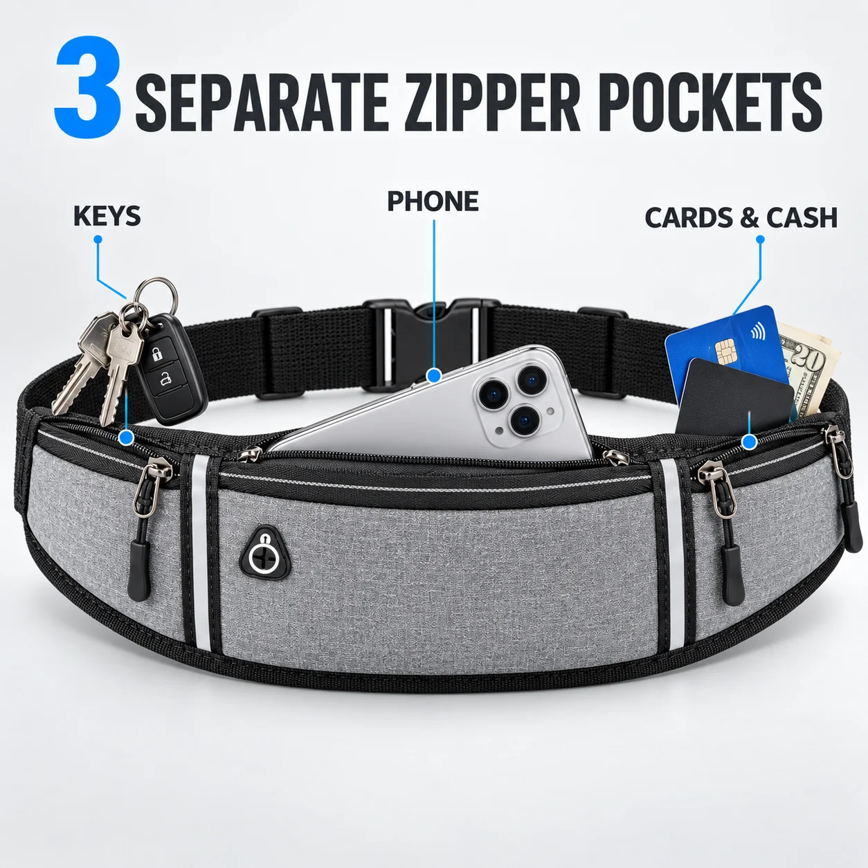 Reflective Running Belt with 3 Zipper Pockets, Lightweight Adjustable Phone Waist Pack for Jogging Fitness Cycling Travel