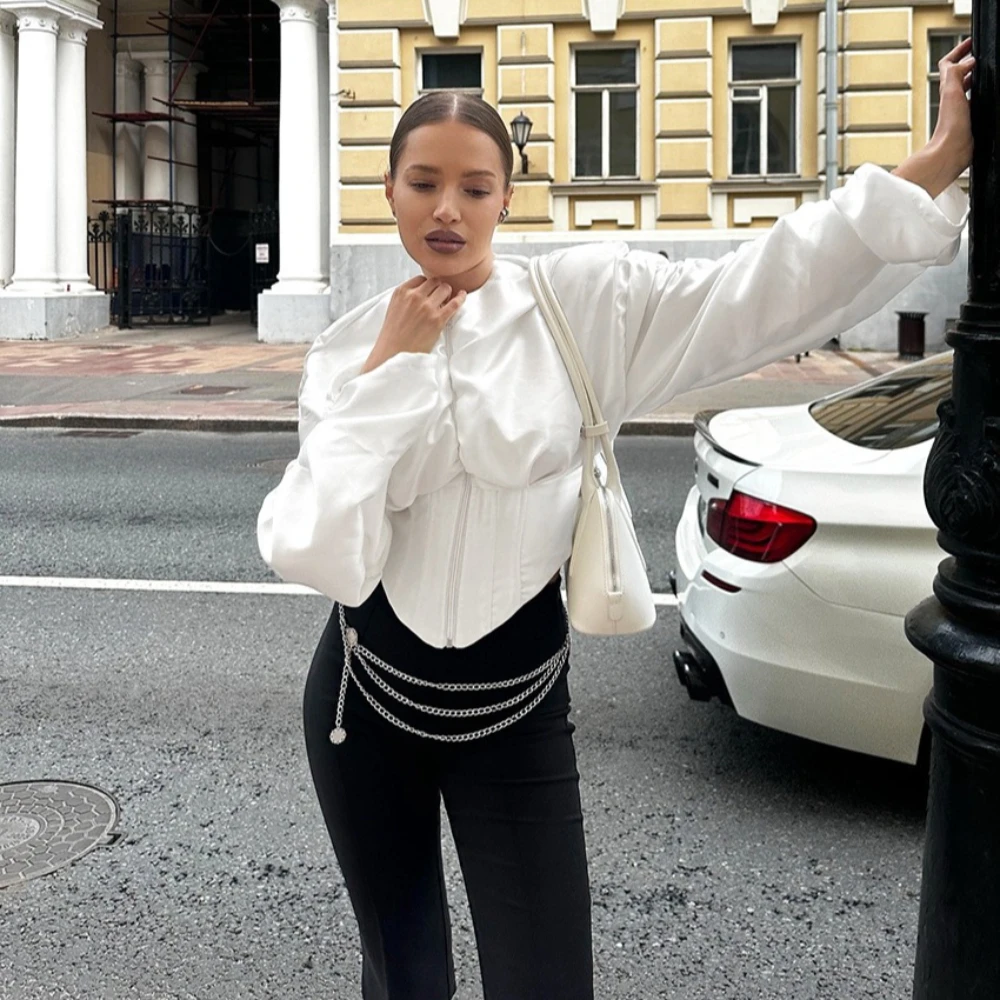 TWOTWINSTYLE Vintage Patchwork Fish Bone Tunic Blouse for Women O Neck Puff Sleeve Spliced Zipper High End Shirts Female Autumn