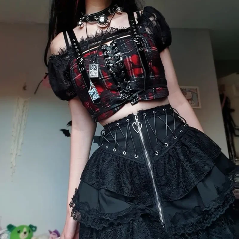 Japanese Dark Gothic Lolita Mini Skirt Women Vintage Halloween Y2k Aesthetics Lace Patchwork Cake Skirts Black High Waist Skirt