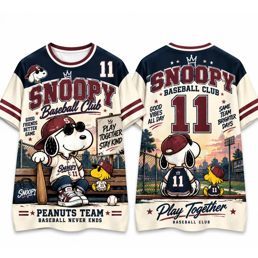 Snoopy Baseball Team Graphic T Shirt Men Women Kids Vintage Varsity Jersey Short Sleeve Tee Cartoon Peanuts Sports T-shirt