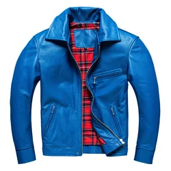 Casual Genuine Leather Jacket Men Blue Slim Rider Style Cowhide Jacket Autumn Spring Clothes Soft Calfskin Short Motorcycle Coat