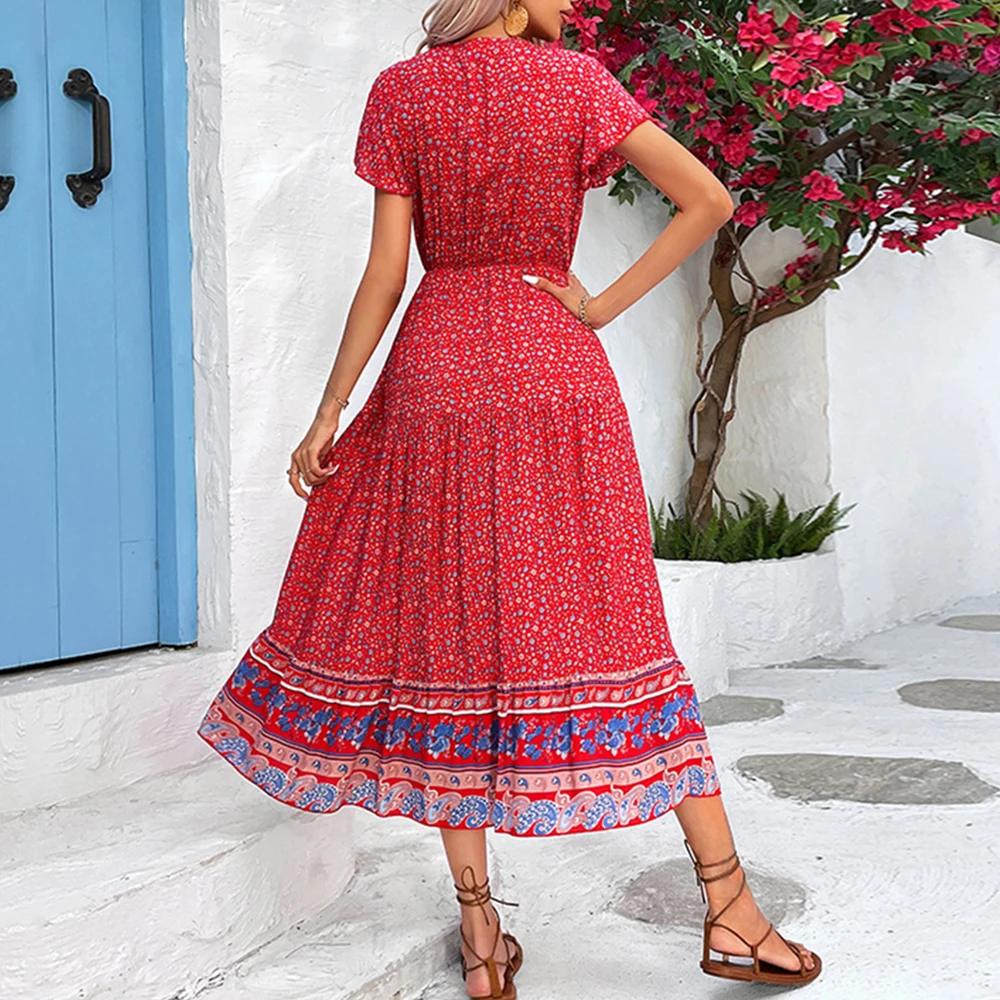 Robe Maxi Florale Rétro Boho pour Femme, Manches Courtes, Plage, Vacances, Col V, Bohème, ixFlorale, Éducative, Mode d'Été