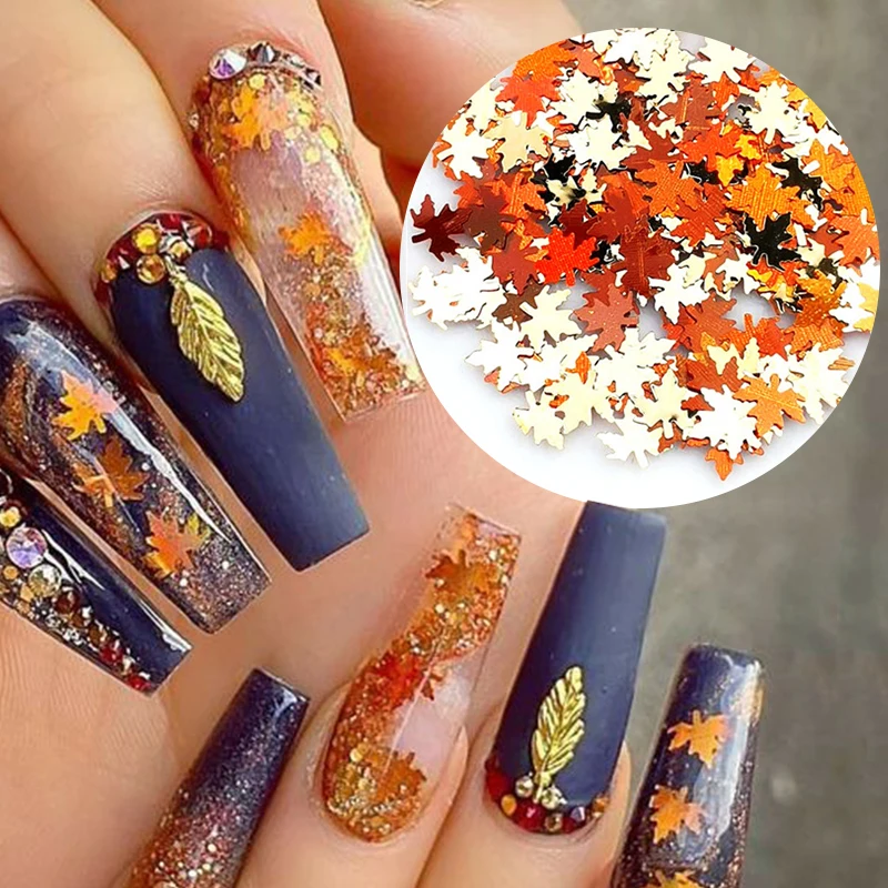 Shiny Golden Maple Leaf Nail Glitter Sequins Powder Autumn Design Decoration Accessories Fall Nail Supplies For Professional