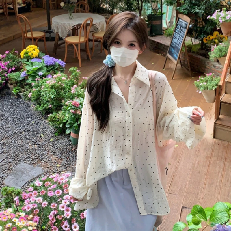 

Gentle Polka-dot Lace-up Shirt Ladies Korean Style Ins Casual Loose Thin Shirt Spring Summer Sweet Long-sleeved Female Blouses