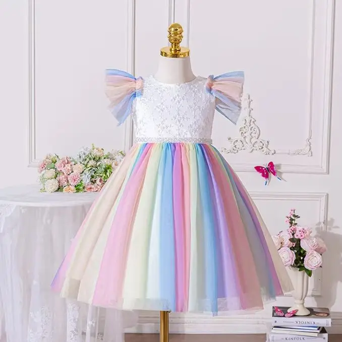 

Girls Dress rainbow Color Mesh Little Princess Dresses Summer Flower Fashion small fly sleevesChildren's Skirt Girls Piano Host