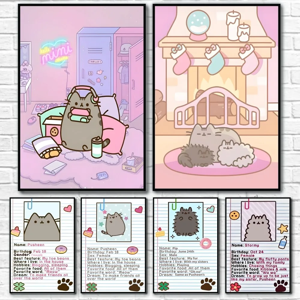 P-Pusheen Cat Cute Catoon Poster Sticky Wall Art Printing Waterproof Home Living Bed Room Bar Aesthetic Decor