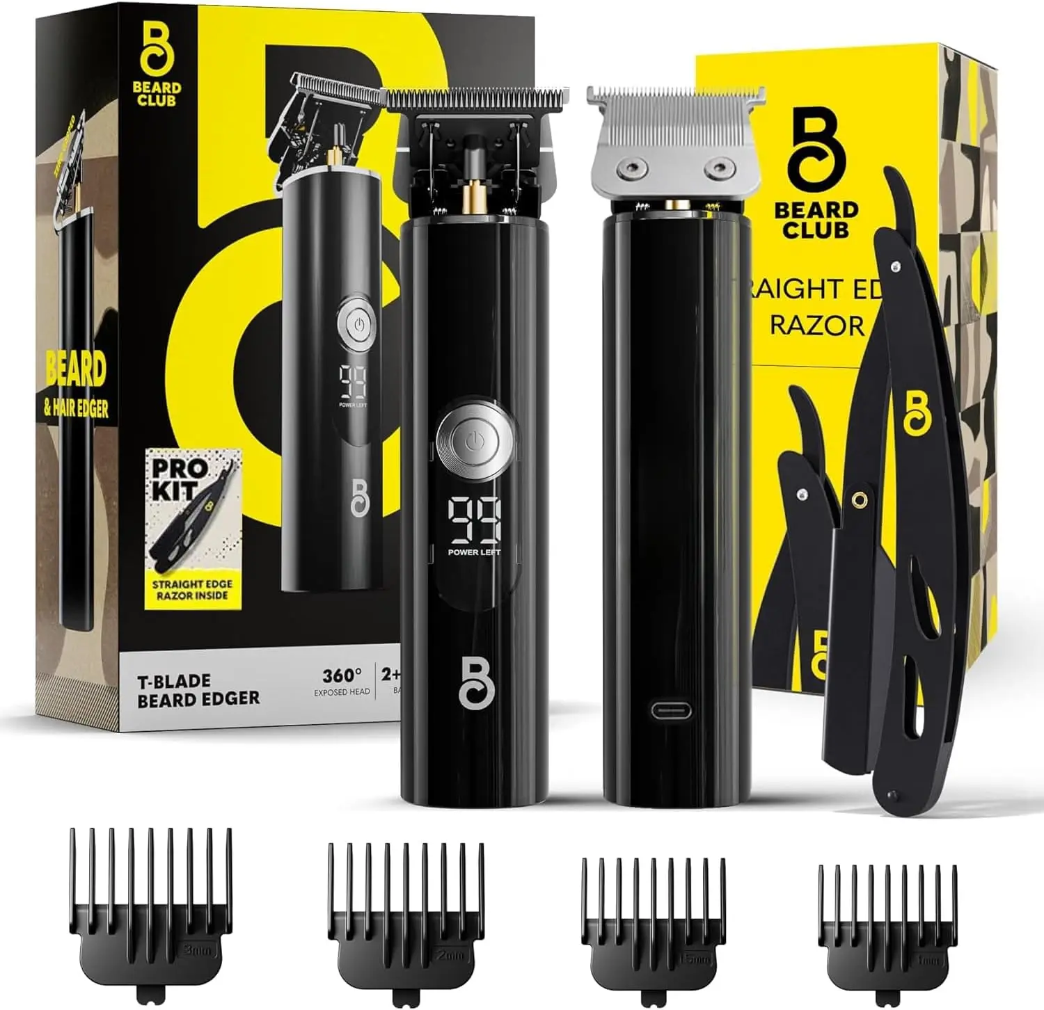 Men's Professional T-Blade Beard Trimmer with Straight Razor - Cordless Zero-Gapped Barber Hair Clippers, Electric Shaver, Hair Trimmer & Edger, Line Up Grooming Kit