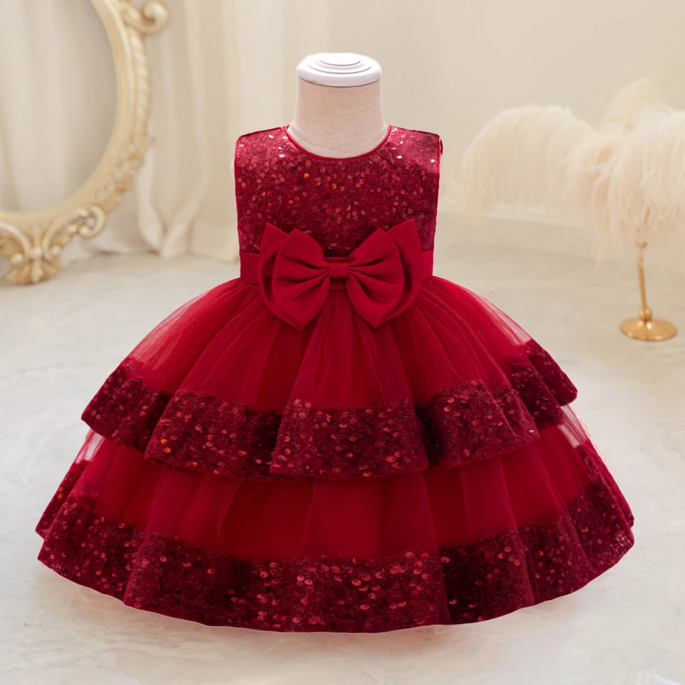 Sequin Bow Baby Girls Party Dresses Toddler 1st Birthday Baptism Dress Lace Wedding Princess Dress for Girls Christmas Prom Gown