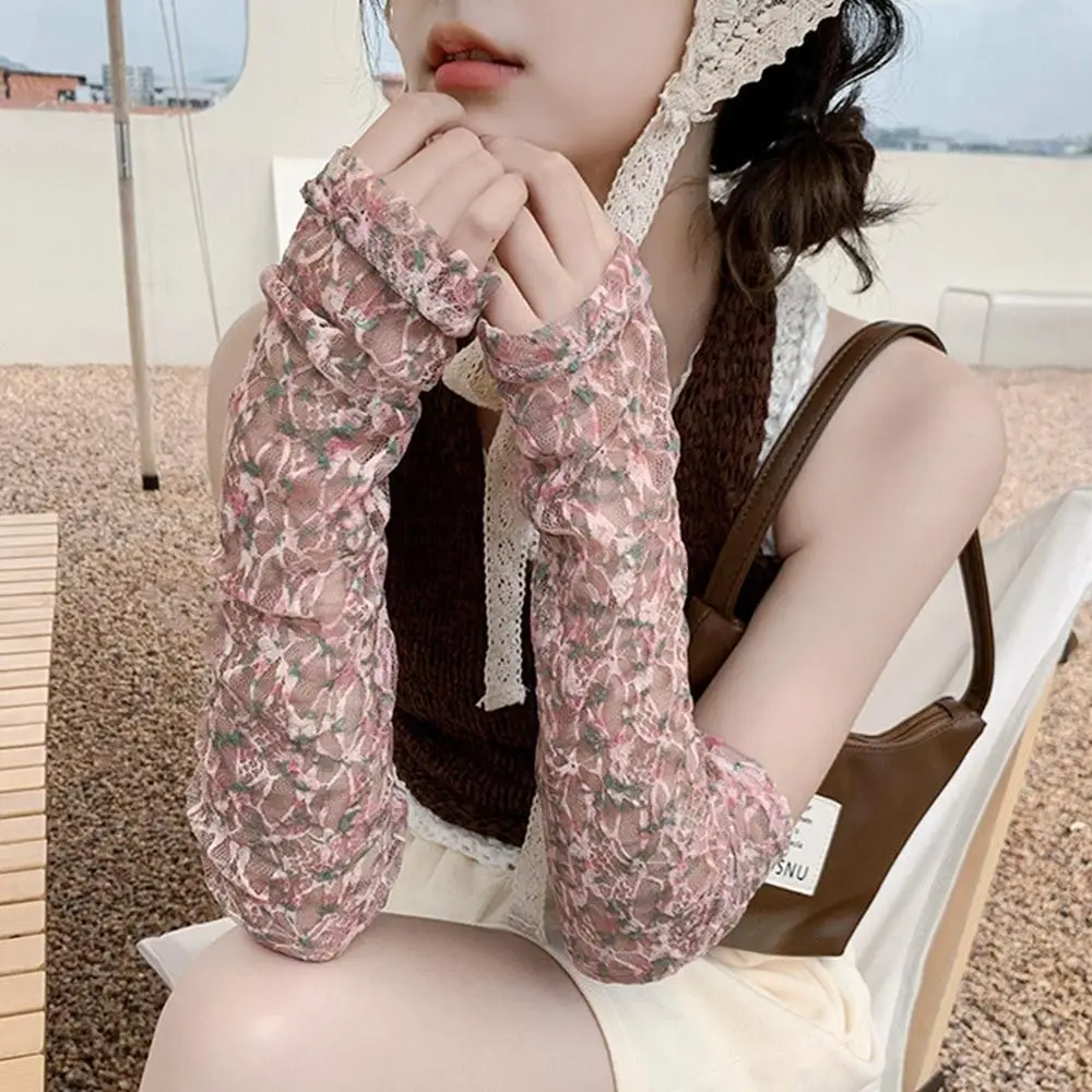 4 Colors Lace Hollow-Out Long Gloves Women Summer Sun Protection Arm Sleeves Mesh Thin Cycling Mittens