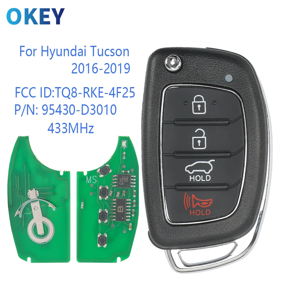 Okey Flip Remote Car Key TQ8-RKE-F25 P/N: 95430-D3010 433MHz For Hyundai Tucson 2016 2017 2018 2019 No Chip