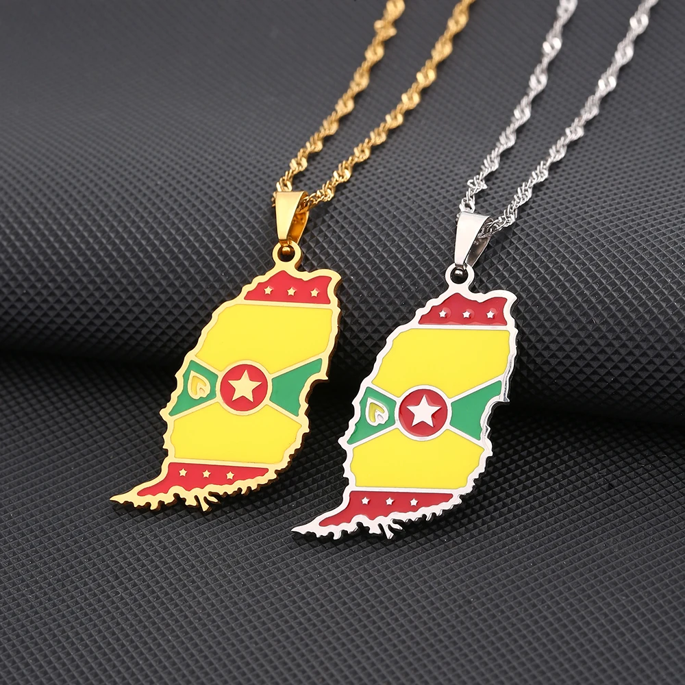 New Enamel Drop Oil Grenada Island Map Flag Pendant Necklace For Women Girls Stainless Steel Jewelry Ethnic Birthday Party Gifts