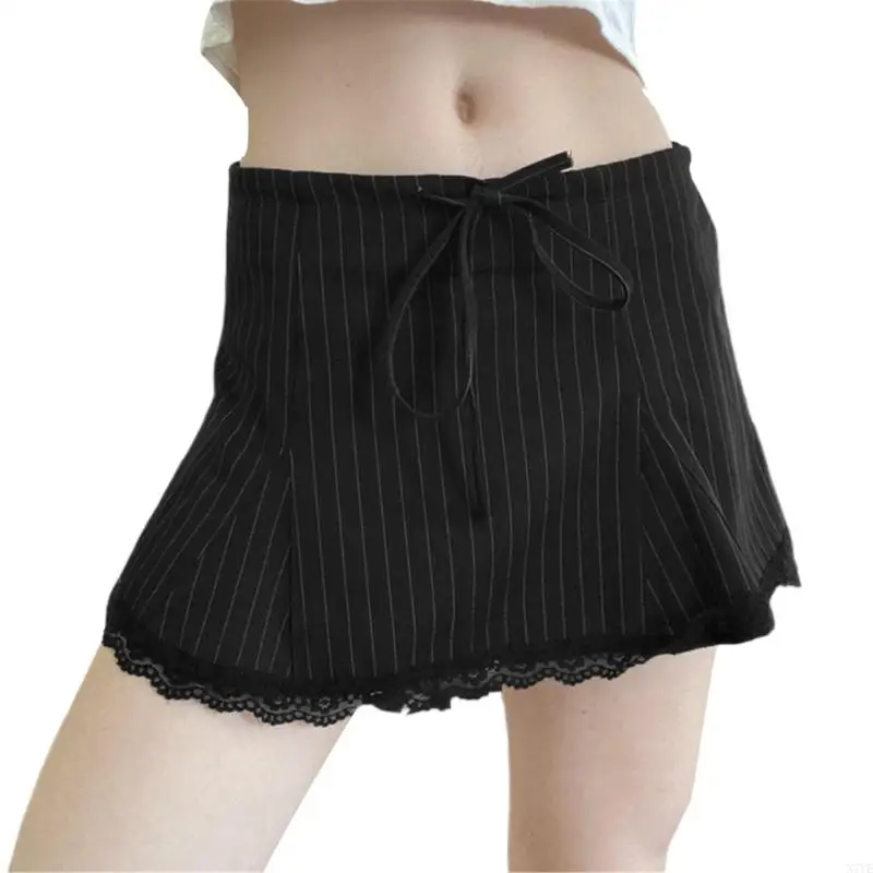 

N7YE Womens Tie Up Low Waist Sweet Bowknot Vertical Striped A Line Sexy Short Skirt