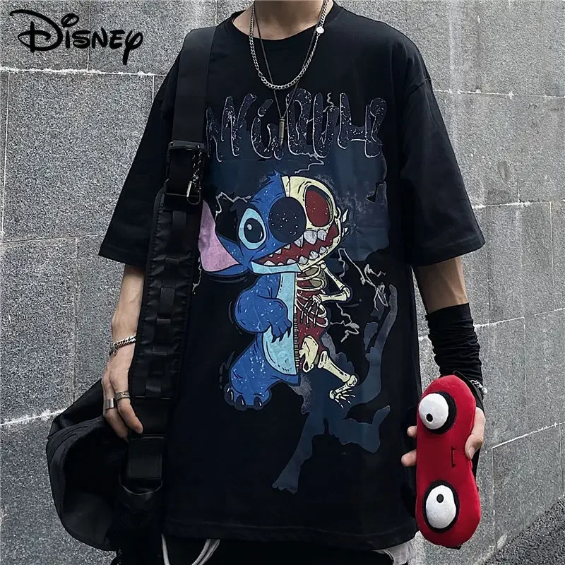 Disney Stitch Hip Hop Trend Cartoon T-shirt Yk2 Goth Anime Short Sleeved Clothing Girl Punk Fashion Black White Tees Tops Couple