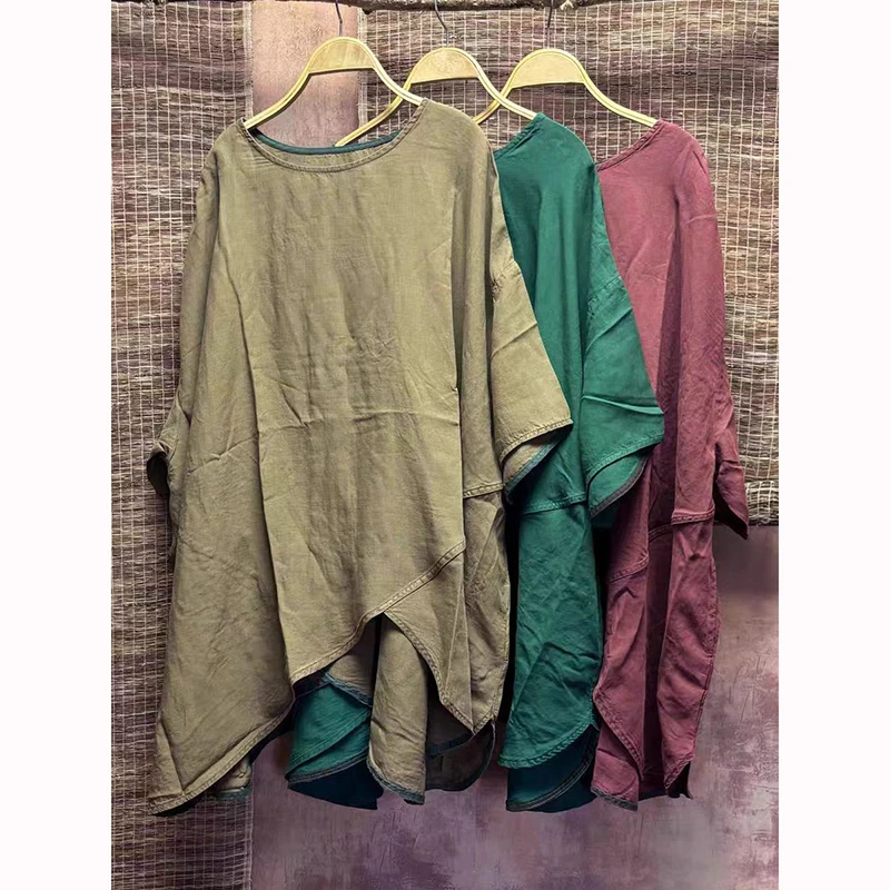 

Spring Summer New Arts Style Women Batwing Sleeve Loose T-shirt Good Quality Cotton Linen Asymmetry Loose Long Tops Tees S711