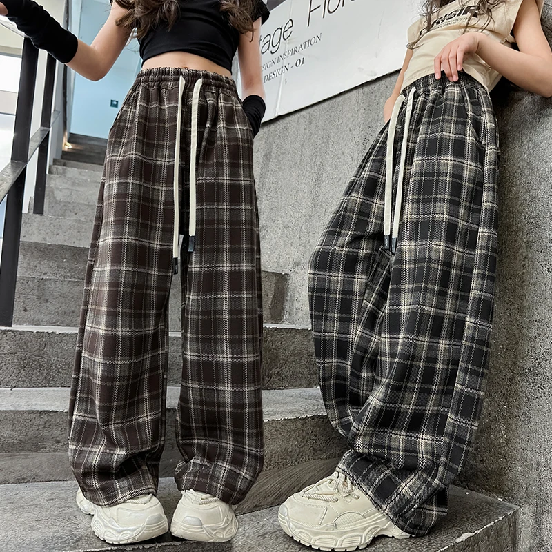 

Детские хлопковые брюки в клетку для девочек-подростков, повседневные свободные прямые брюки на шнурке, модные спортивные штаны для детей 5-14 лет