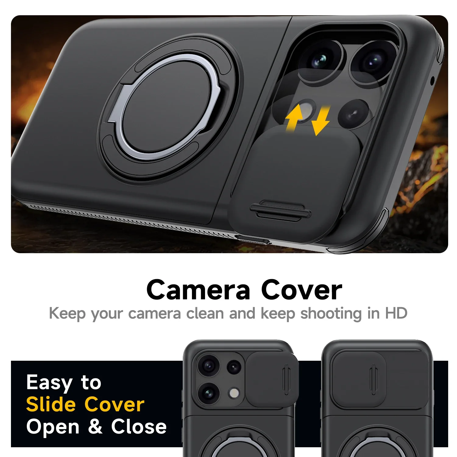 Sliding Lens Protection Hidden Card Slot Shockproof Case For OPPO Reno 16c 16F Reno16 FS Metal Ring Stand TPU Plastic Back Cover