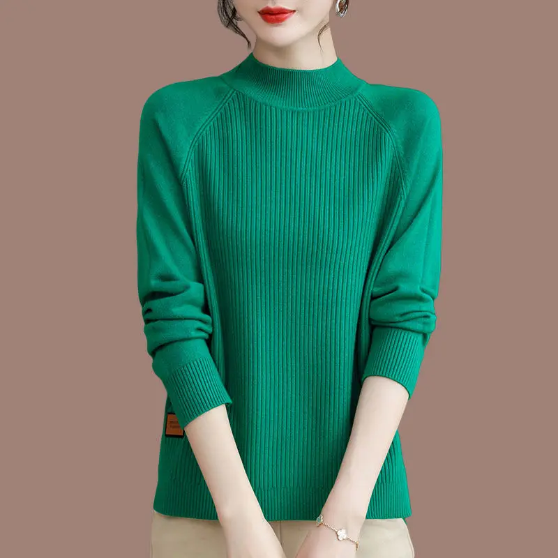 Women's Autumn Winter Turtleneck Solid Screw Thread Pullover Long Sleeve Sweater Knitted Casual Elegant Loose Undershirt Tops