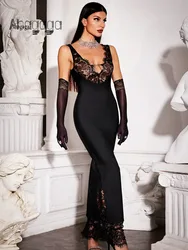 Ahagaga Lace Women's Party Maxi Dresses Solid Skinny V-Neck See Through Camisole Blackless Bodycon Sleeveless Vestidos Robes