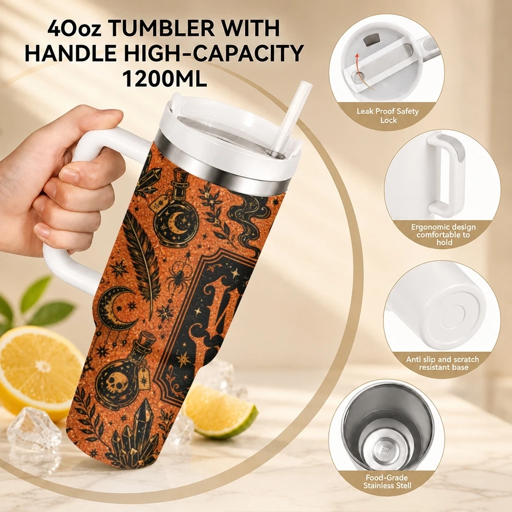 Witch Funny Design Vacuum Flasks 40oz Stainless Steel Travel Tumbler with Handle Straw Lid Double Wall Vacuum Insulated