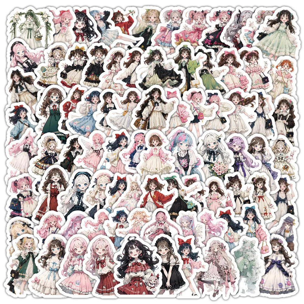 100PCS Cute and Sweet Lolita Girl Graffiti Stickers for Helmet Hand Account Pencil Case Decals Golden Memory Stickers Store