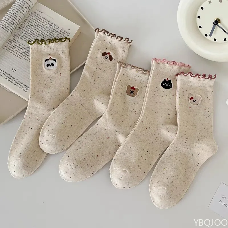 5 pairs Women's fashion versatile mid tube socks spring summer casual comfortable black fungus lace long tube stacking socks