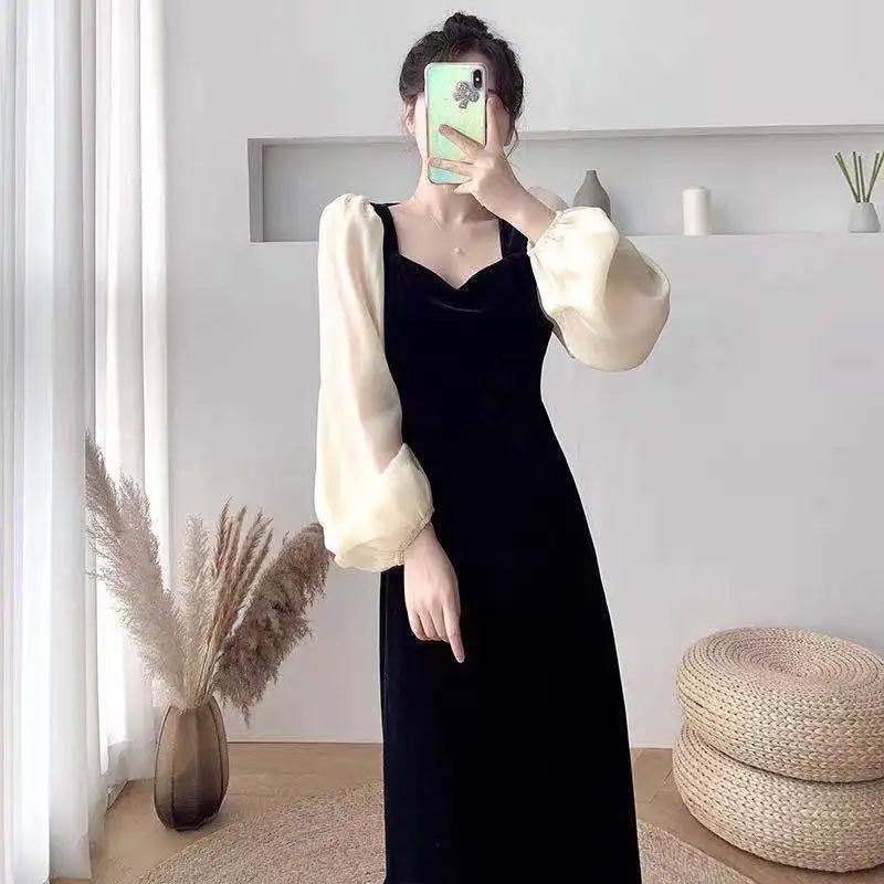 Dress Women spring/summer Long Lantern Sleeve V-neck Thin Waist Fashionable Dresses Casual Vestidos Dropshipping SMN66306