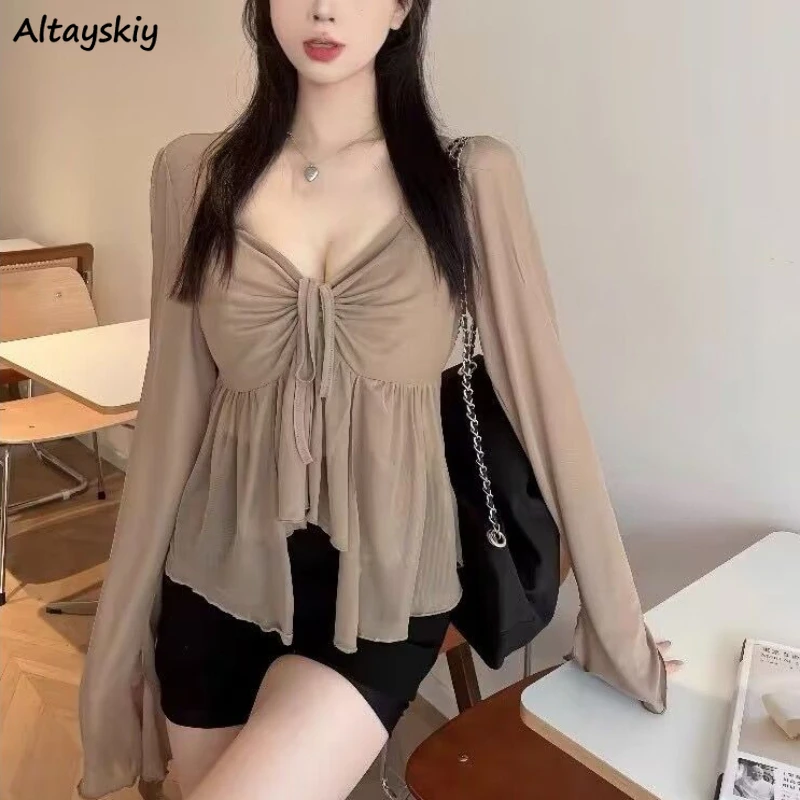 Irregular T-shirts Women Long Sleeve V-neck Summer Solid Korean Fashion Ulzzang Pretty Sexy Sweet Girls Daily Casual Tender Tops