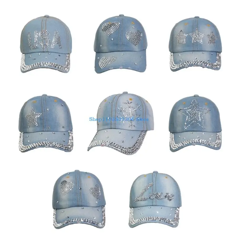 

400A Adult Retros Denims Hat Rhinestones Star Embellishment Hat Face Slimming Hat