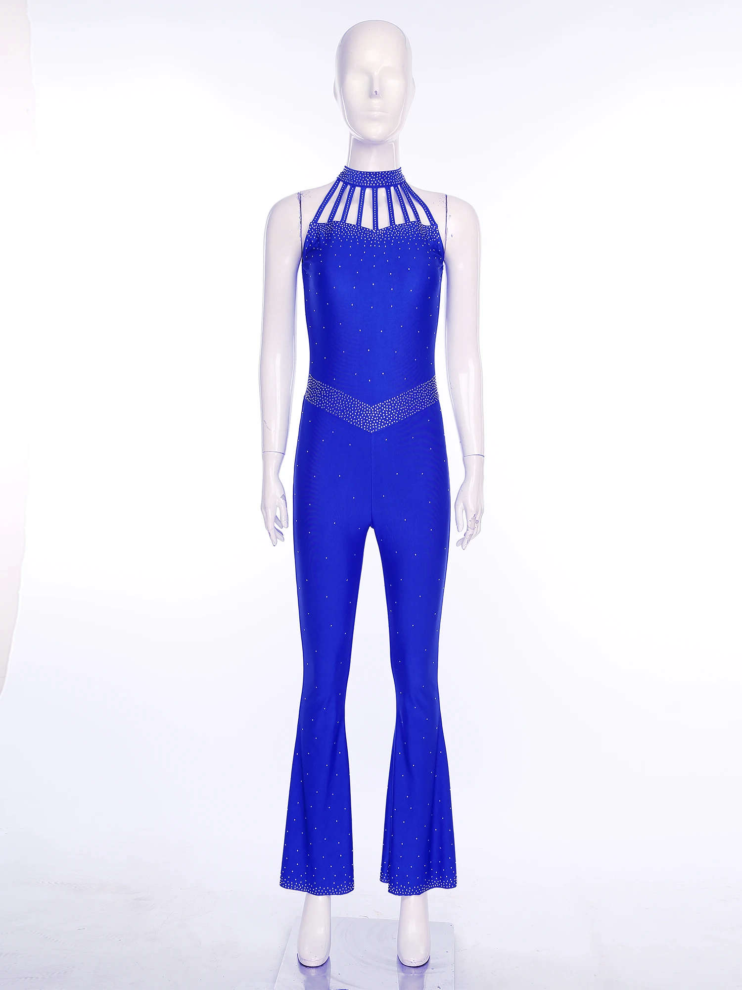 Women Figure Skating Gymnastics Jumpsuit Costume Sparkly Rhinestones Halter Neck Sleeveless Strappy Full Bodysuit Ballet Costume