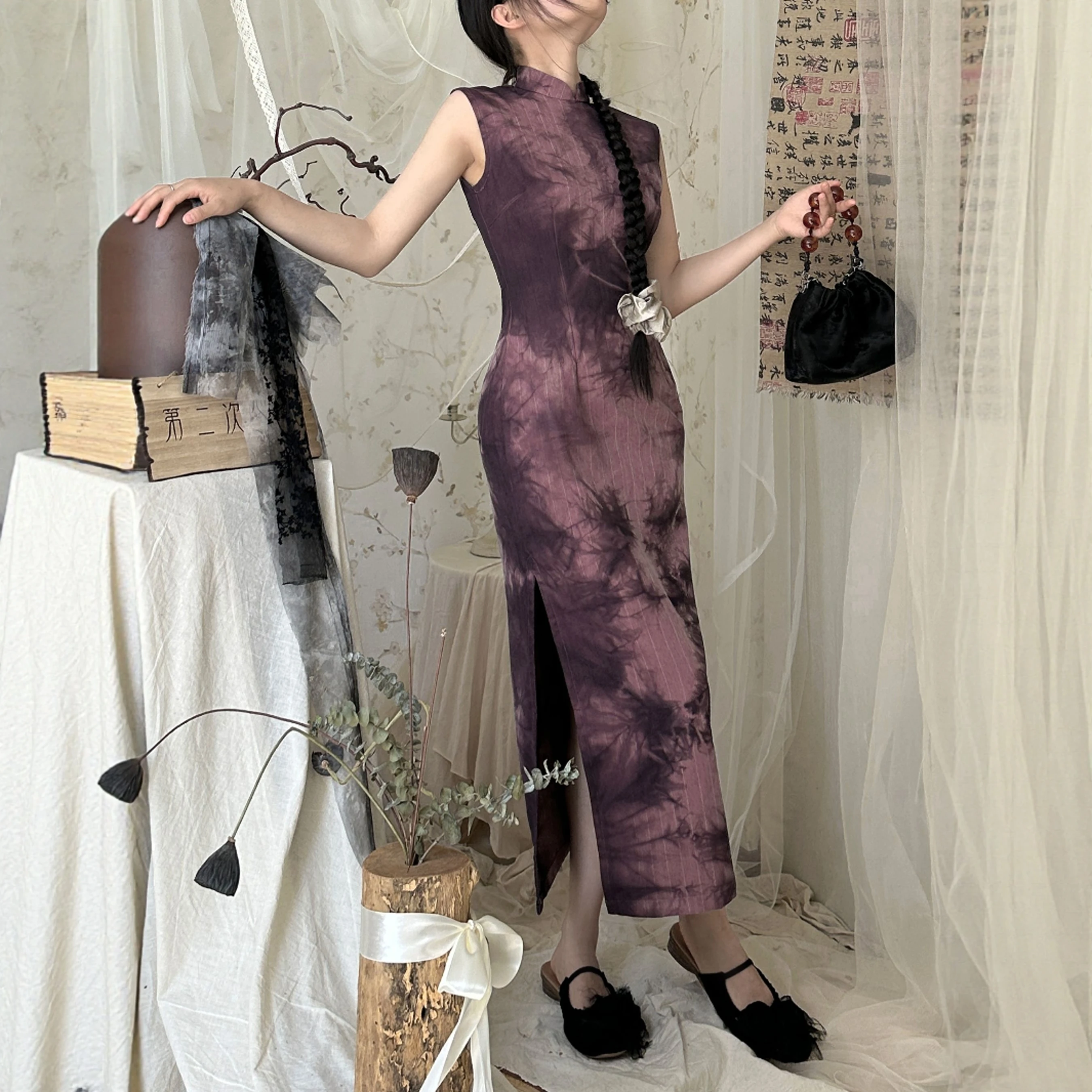 

Original Dyed Purple Waist-Cinching Vintage Sle Long Dr Breathable Linen Material High Slit round Collar Chine...