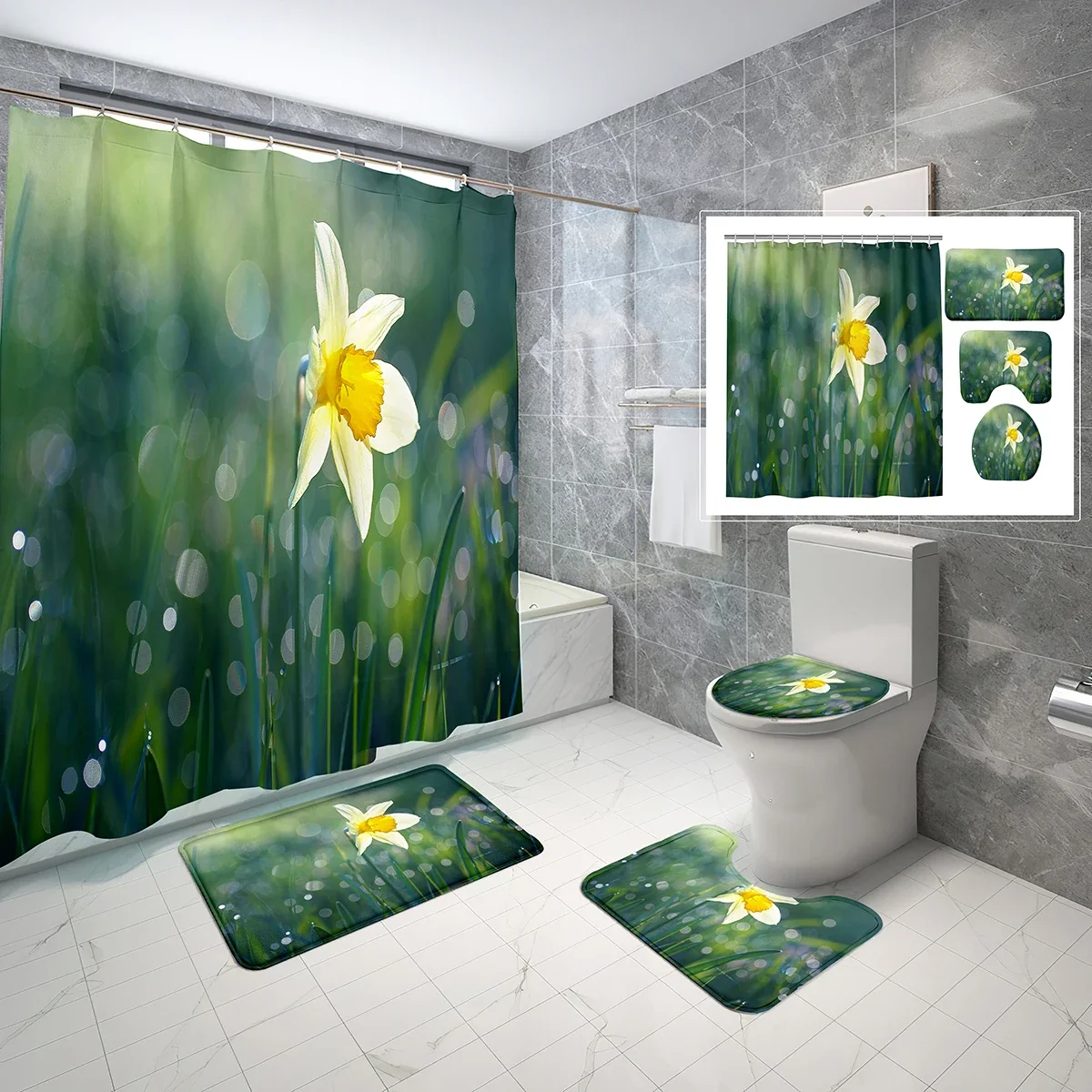 4 PCS Morning Light Shower Curtain Sets,Sunlight Flowers Bathroom Waterproof Bath Curtain,Non-Slip Bath Mat Toilet Cover Set