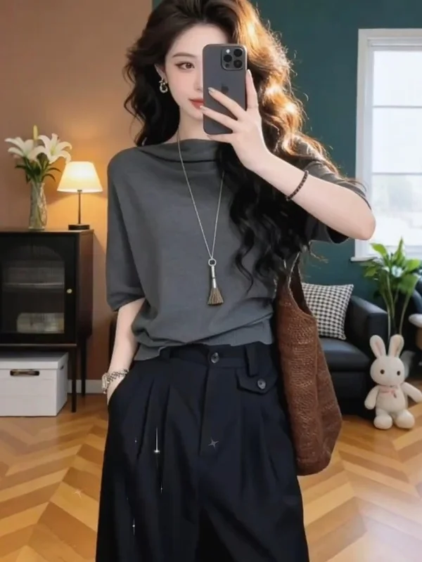 

Laid-ba Sle Asymmetrical ort Sve Knitted Top Loose Fit Summer New Arrival plus Size Faionable Casual round Ne