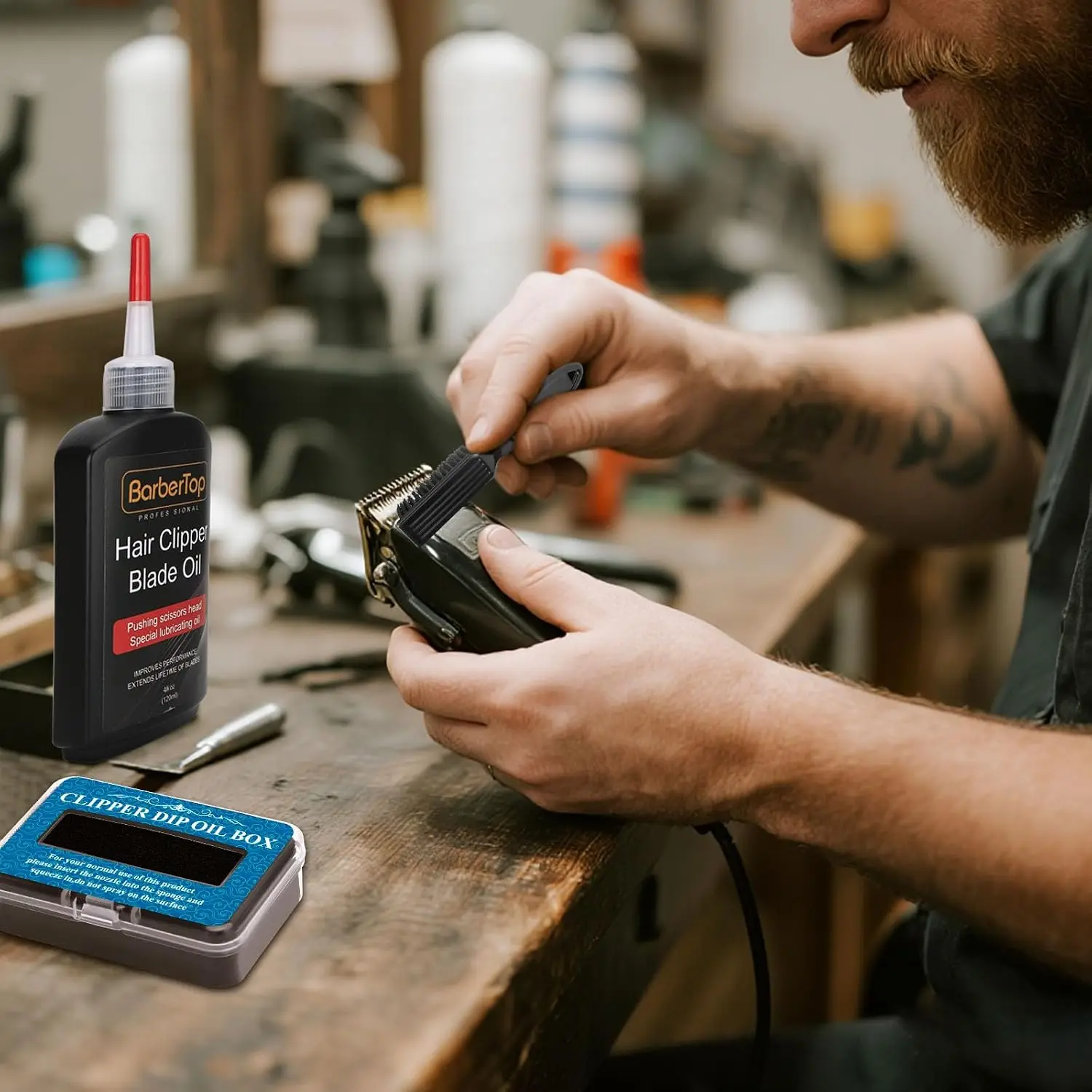 Premium Hair Clipper Blade Lubricating Oil for Clippers, with Oil Dip Box and Barber Clipper Brush