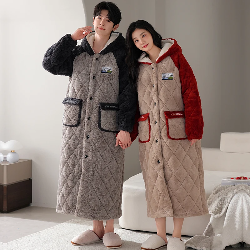 

High Quality Winter Couple Robe Hooded Pajamas Set Thick Warm 3 Layer Clip Cotton Pyjamas Women And Men Home Clothing