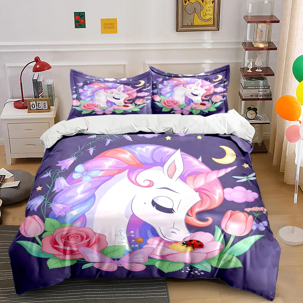 

Dreamy Unicorn with Floral Print Bedding Set 1 Duvet Cover 2 Pillowcases for Adult and Children Luxury Gift Full Size
