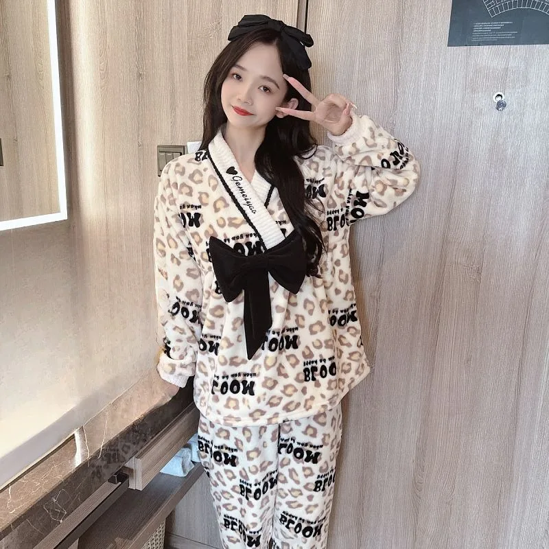 New Pullover Large Size Flannel Home Wear Pajamas  Women Autumn and Winter Coral Velvet Plus Velvet Thickened Warm Sleepwear