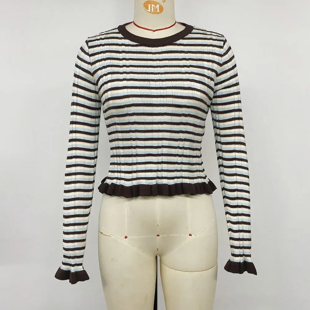 Vintage Style Stripe Sweater Women O Neck Flare Sleeve Pullover Slim Fit Autumn Casual Soft Knitwear Fashion Crop Top 3