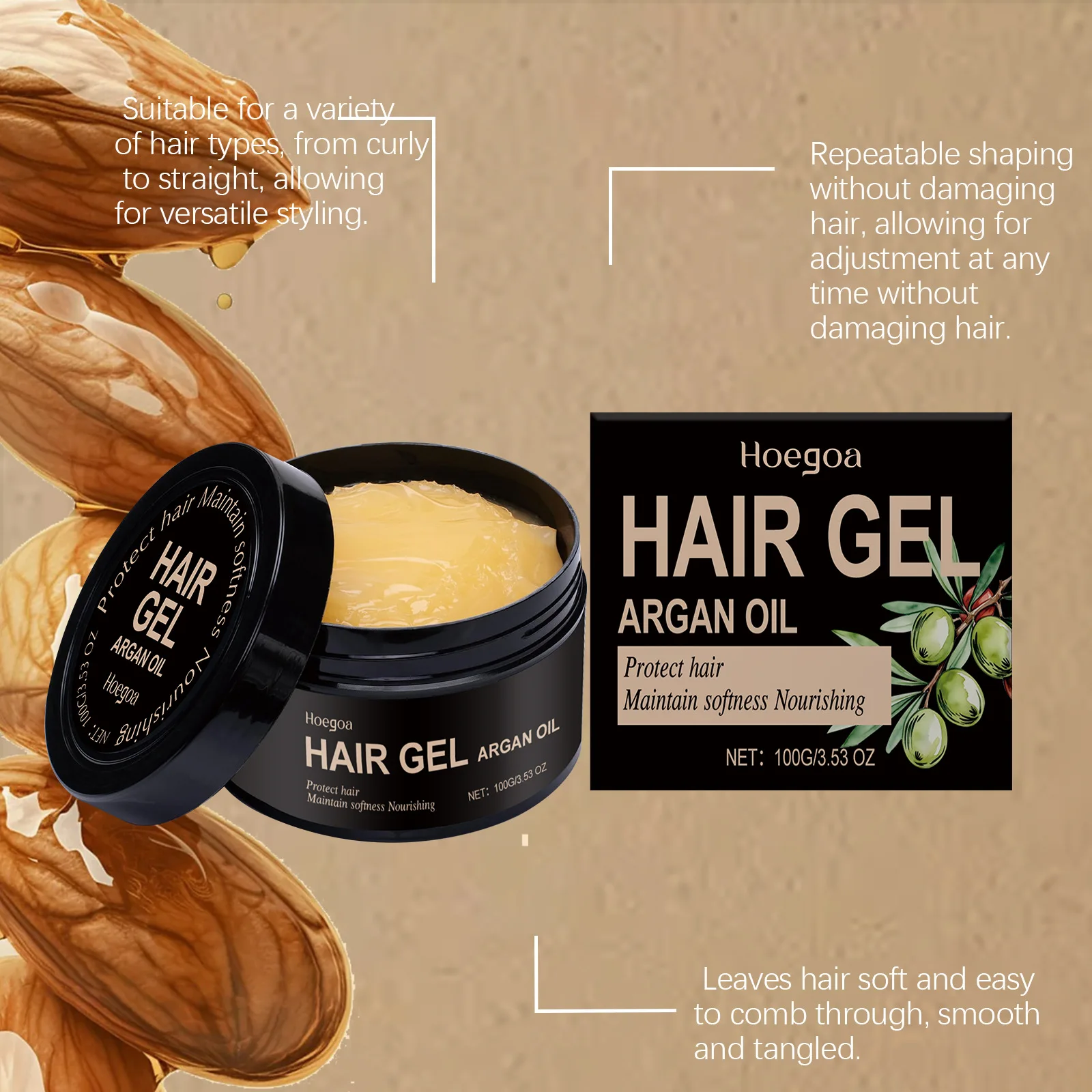 HOEGOA زيت الجوز المغربي جل تصفيف الشعر يحافظ على تشكيل سطع موستر القضاء على التجعد إبقاء السلس رجل امرأة تصفيف الشعر كريم