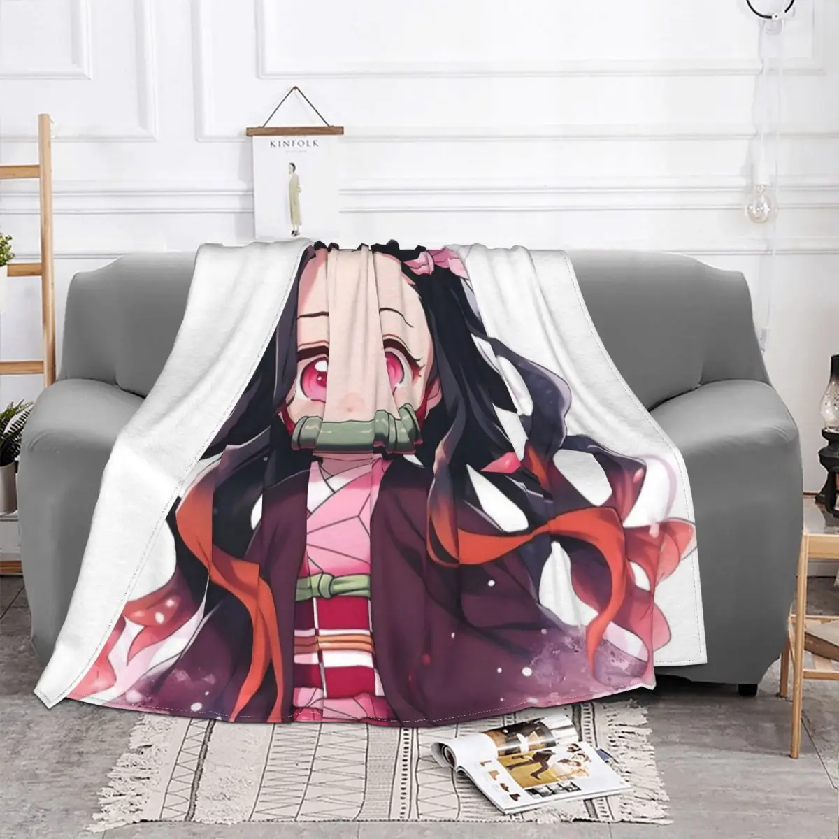 Nezuko Kamado Demoned Slayered Cute Anime Girl Blankets Fleece Winter Breathable Throw Blanket for Home Bedroom Rug Piece