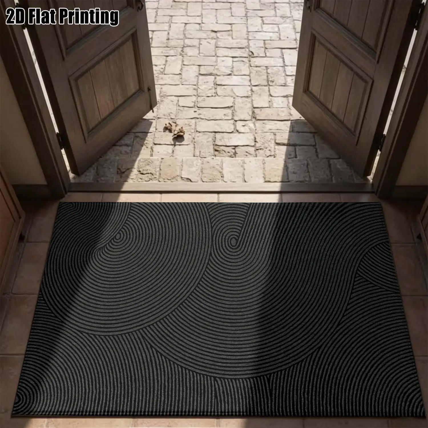 1Pc 2D Printed Carpet: Nordic Style, Gray-White Geometric Lines on Black Base, Modern Minimalist Floor Mat, Machine Washable, Multi-Size, Suitable for Home Decor, Entryway/Dining/Living/Bedroom Use